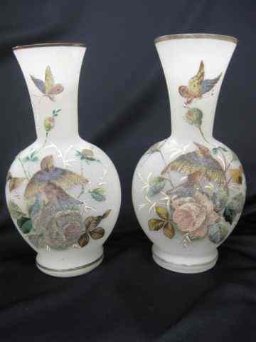 Appraisal: Victorian Coralene Decorated Art Glass Vases bird butterfly floral on