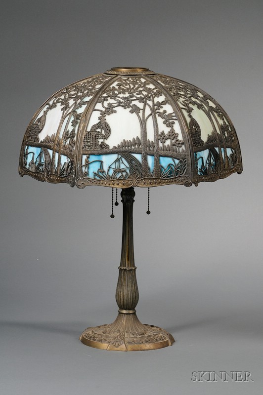 Appraisal: Brass Plated Cast Iron Table Lamp with Hexagonal Metal Overlaid