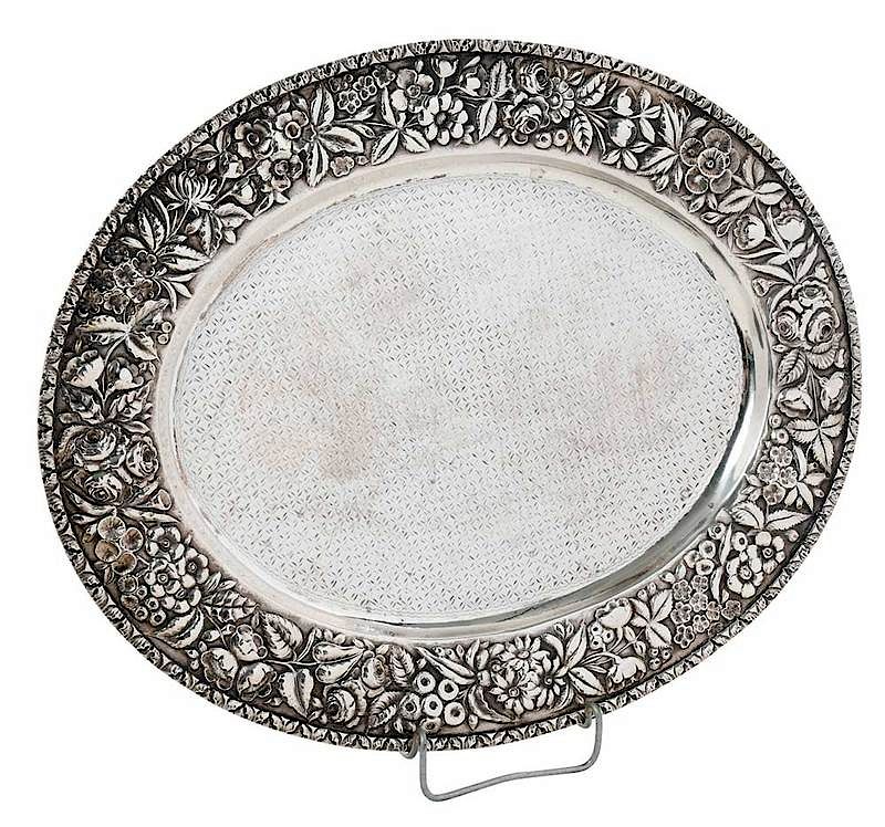 Appraisal: Large Sterling Repousse Tray American late th century oval with