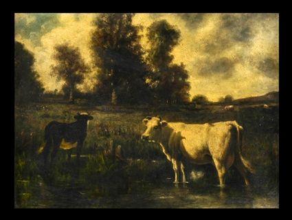 Appraisal: AMERICAN SCHOOL COWS IN A STREAM Oil on canvas x