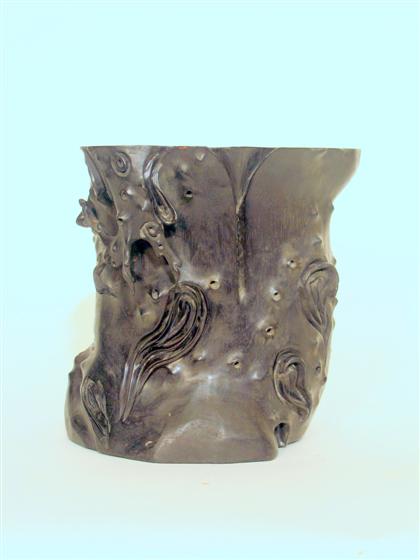 Appraisal: Chinese hardwood brushpot Well hollowed outer-wall enhanced to show trunk-like