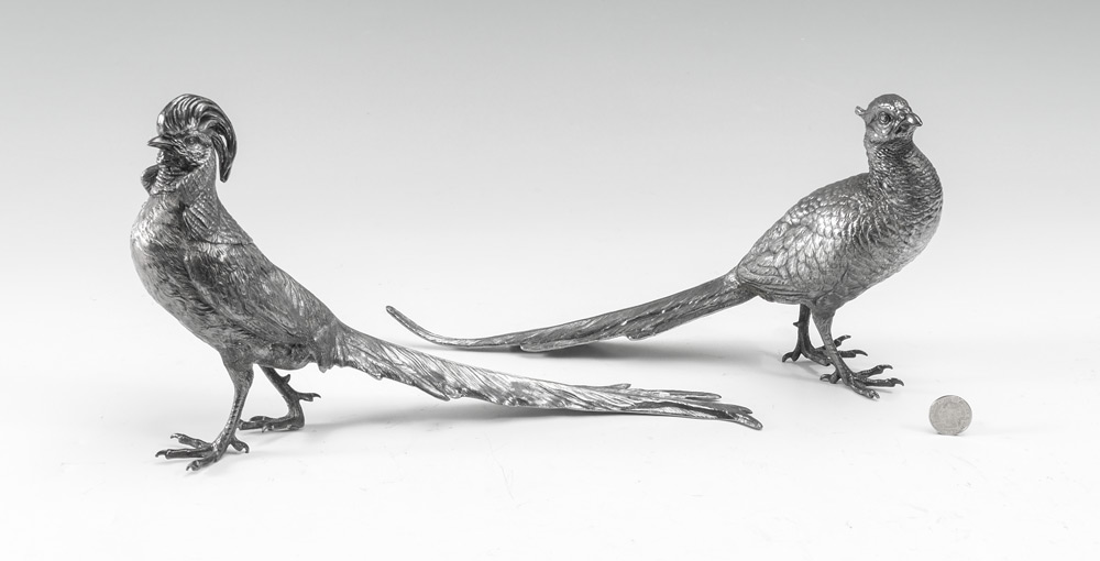 Appraisal: PAIR JENNINGS BROTHERS SILVERPLATE TABLE PHEASANTS Cock and hen marked