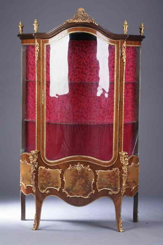 Appraisal: SPANISH GILT-METAL MOUNTED TULIPWOOD VERNIS MARTIN DECORATED BOMBE VITRINE Arched