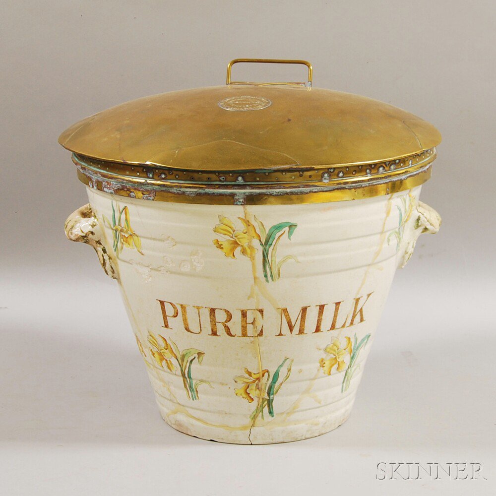 Appraisal: Floral-decorated Pottery and Brass Dairy Outfit Co Milk Pail loss