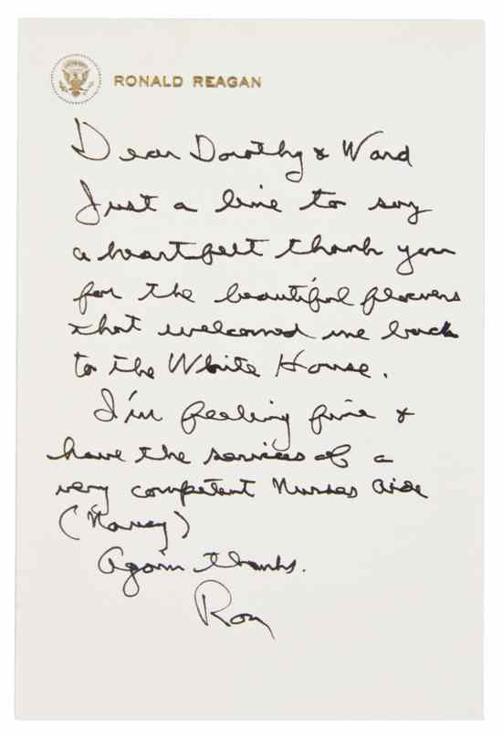 Appraisal: REAGAN RONALD Autographed note signed ''Ron'' as President one page