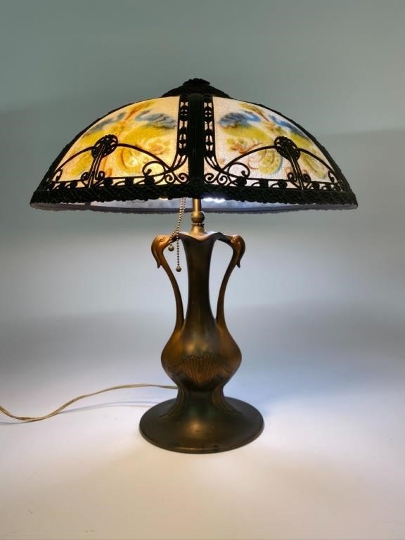 Appraisal: Spelter metal peacock lamp with reverse painted panels h x