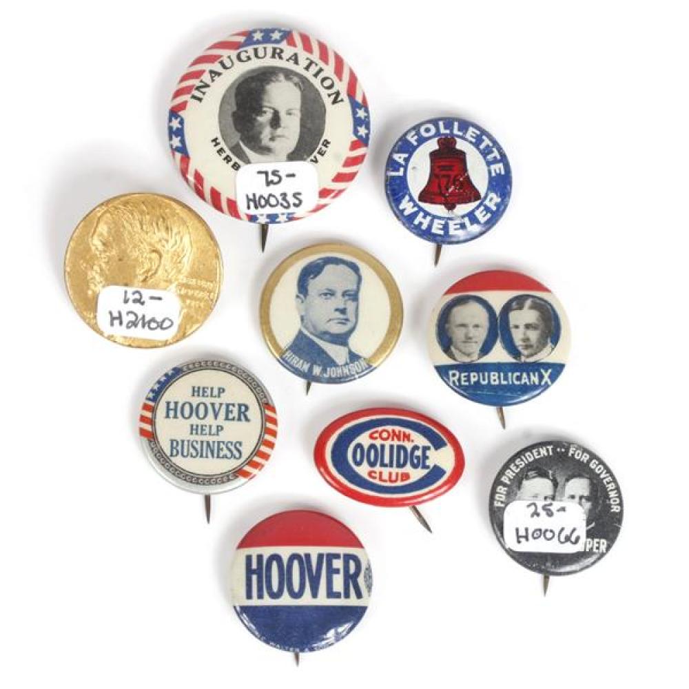 Appraisal: GROUP OF POLITICAL BUTTONS INCLUDING HERBERT HOOVER INAUGURATION COOLIDGE HIRAM