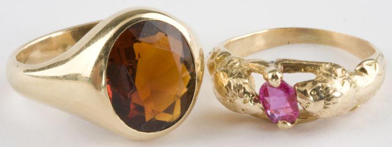 Appraisal: Two KT Gold Colored Stone Gentleman's Rings the first with