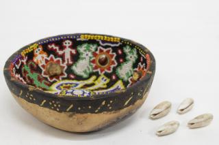 Appraisal: Huichol Mexican Beaded Spirit Gourd Bowl Intricate patterns of birds