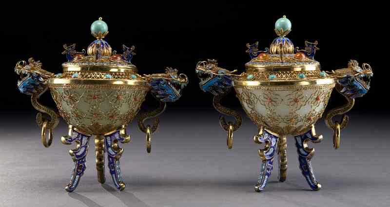 Appraisal: Pr Chinese jade inlaid gilt silver censers each with two