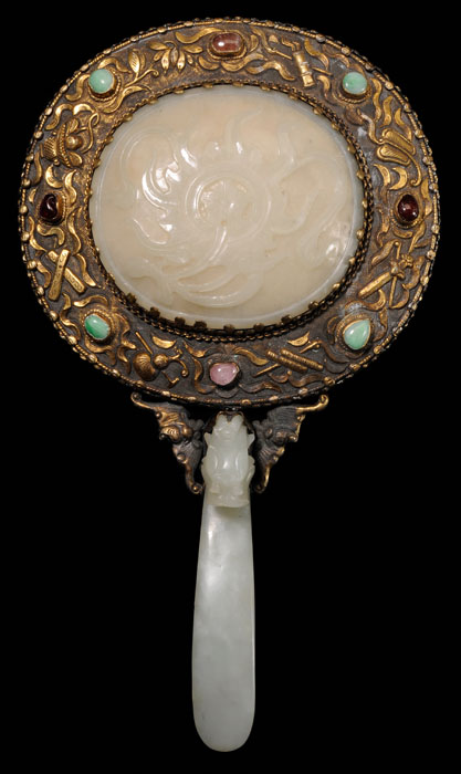 Appraisal: Gilt Silver and Jade Hand Mirror Chinese th century pale