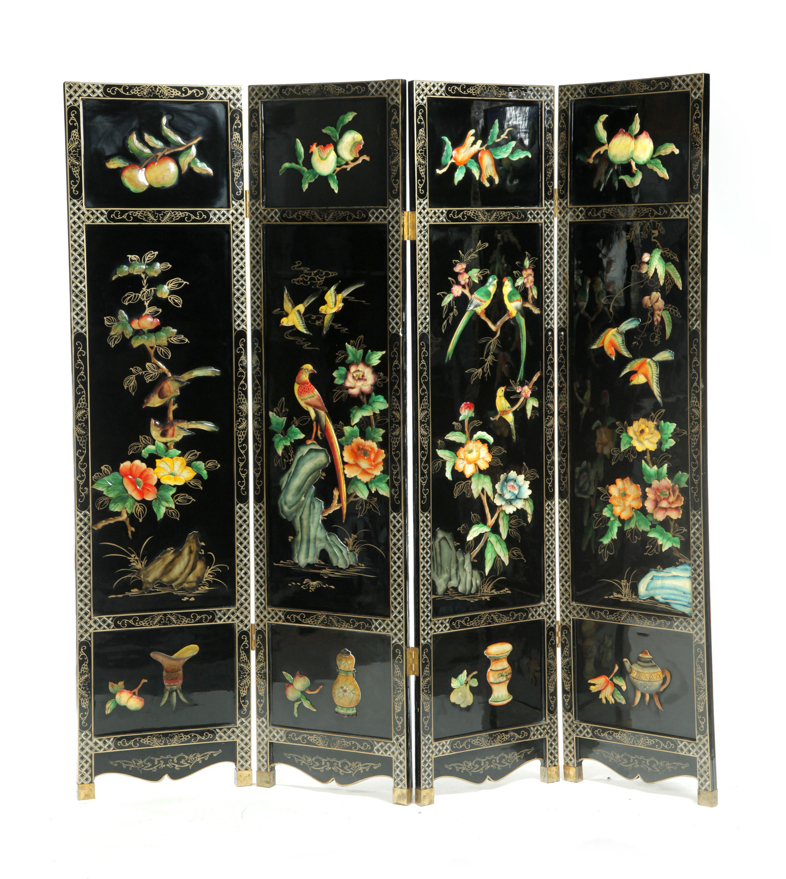 Appraisal: ASIAN LACQUERED SCREEN Late th century Four part black floor