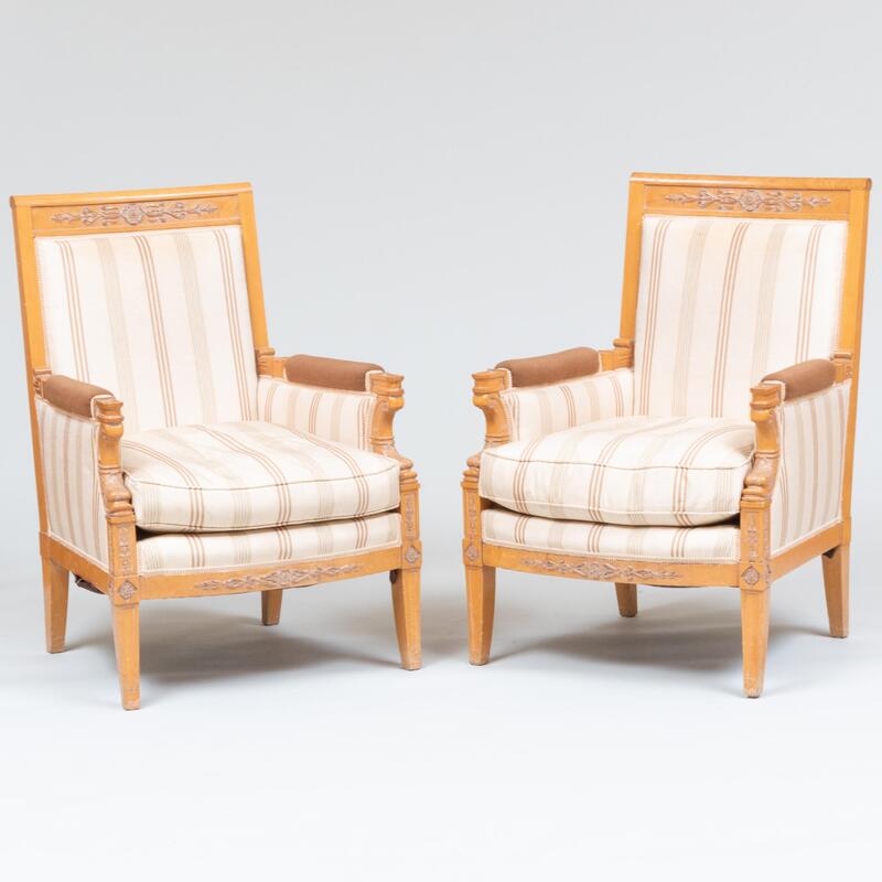 Appraisal: Pair of Contemporary Carved and Limed Birch Upholstered Berg res