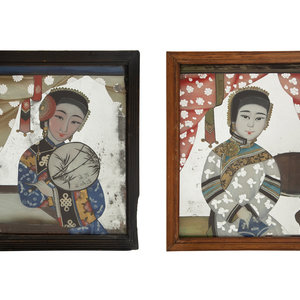 Appraisal: A Pair of Chinese Reverse Paintings on Mirrored Glass th