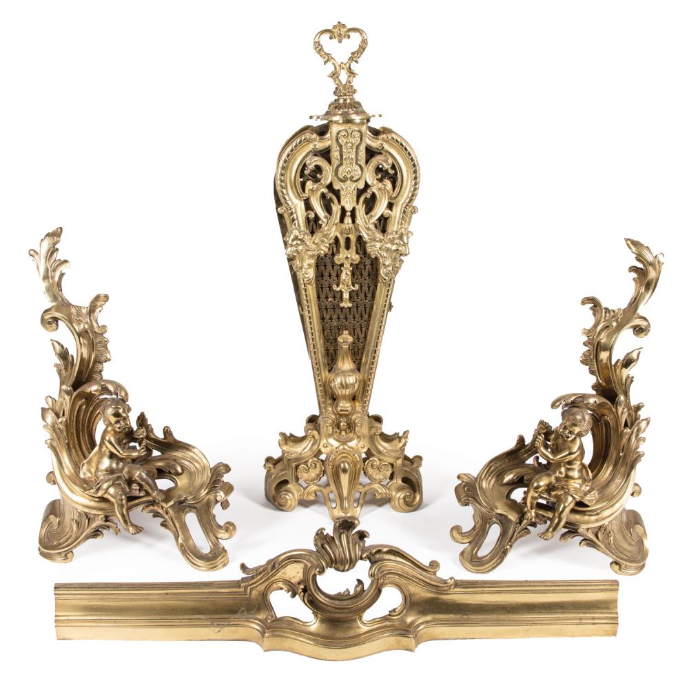 Appraisal: Louis XVI-Style Bronze Chenets and Fan-Form Fire Screen c chenet