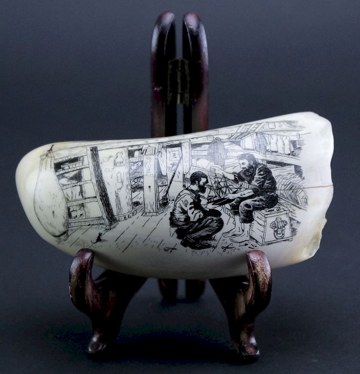 Appraisal: Artist Signed Newman Scrimshaw Carved Whale Tooth Vintage carved scrimshaw