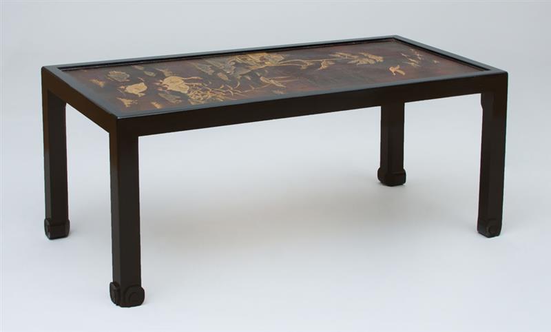 Appraisal: CHINESE BROWN LACQUER AND PARCEL-GILT PANEL Raised on later black