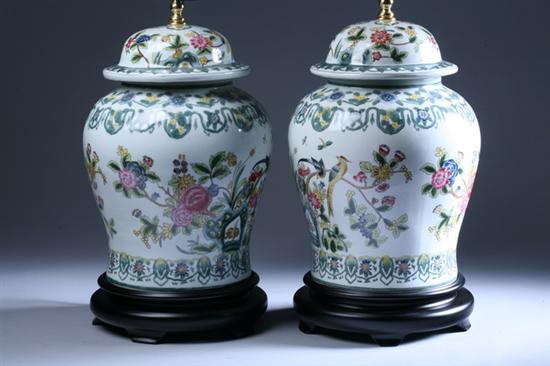 Appraisal: PAIR CHINESE FAMILLE ROSE PORCELAIN BALUSTER JARS AND COVERS Painted