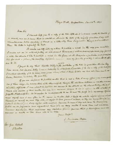 Appraisal: COOPER JAMES FENIMORE Autograph Letter Signed to the Boston publisher