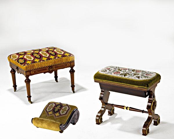 Appraisal: VICTORIAN OTTOMANS Two with upholstered cushions together with a firescreen