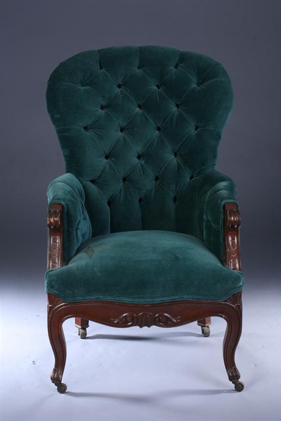 Appraisal: AMERICAN CARVED MAHOGANY UPHOLSTERED SLIPPER CHAIR th century with green