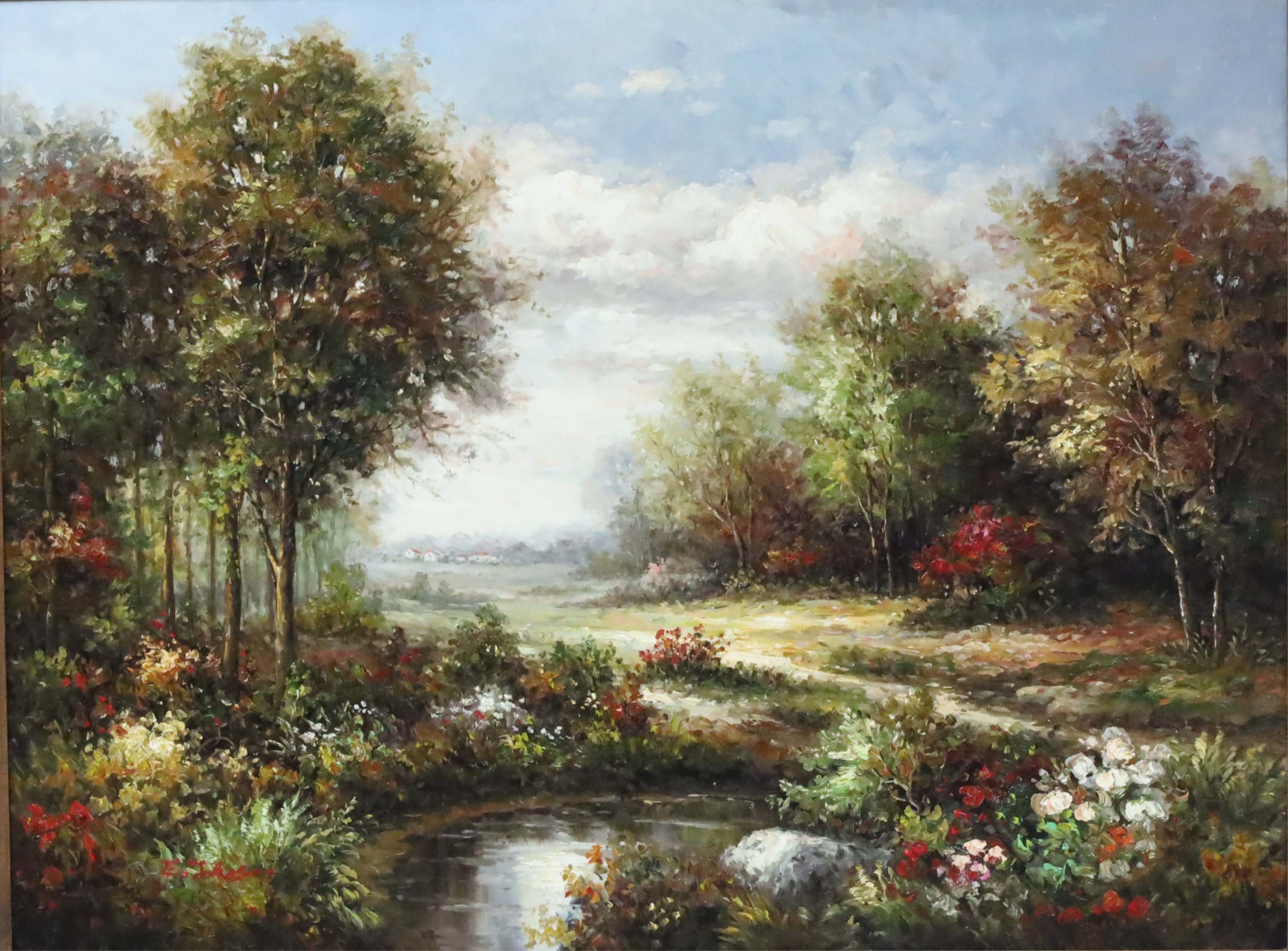 Appraisal: European style oil on canvas framed landscape painting having pond