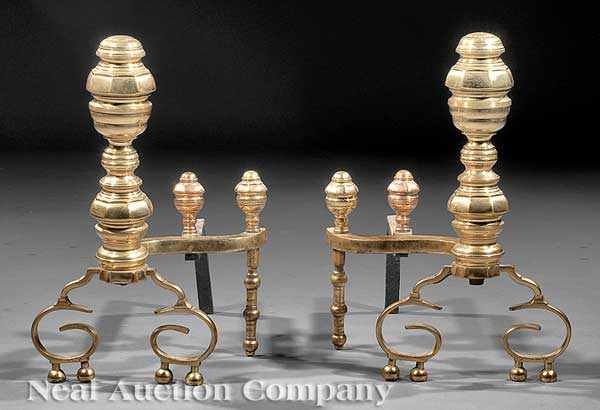 Appraisal: A Pair of American Late Classical Brass Andirons mid- th