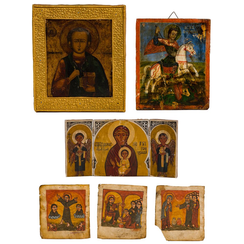 Appraisal: EASTERN ORTHODOX ICON ASSORTMENT items including depiction of St Panteleimon