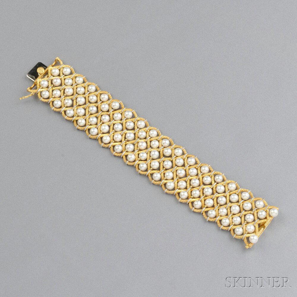 Appraisal: kt Gold and Cultured Pearl Bracelet Buccellati the wide ropework