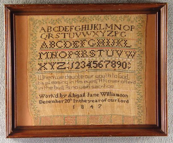 Appraisal: American Sampler Signed Abigail Jane Williamson and dated December Floral