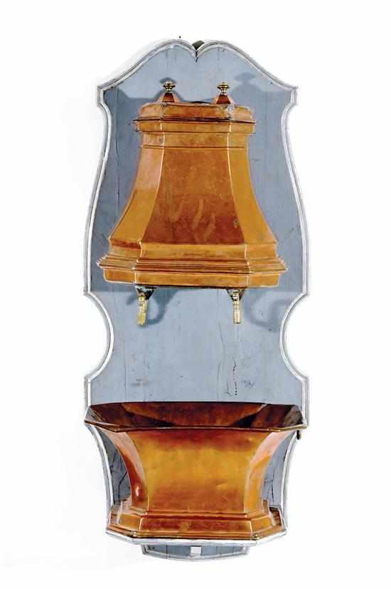 Appraisal: French copper lavabo th century concave trapezoidal reservoir with cover