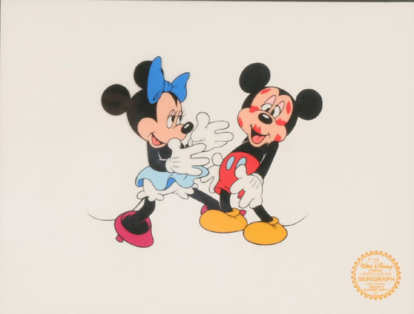 Appraisal: Disney serigraph depicting Minnie smooching Mickey x Disney identification stamp