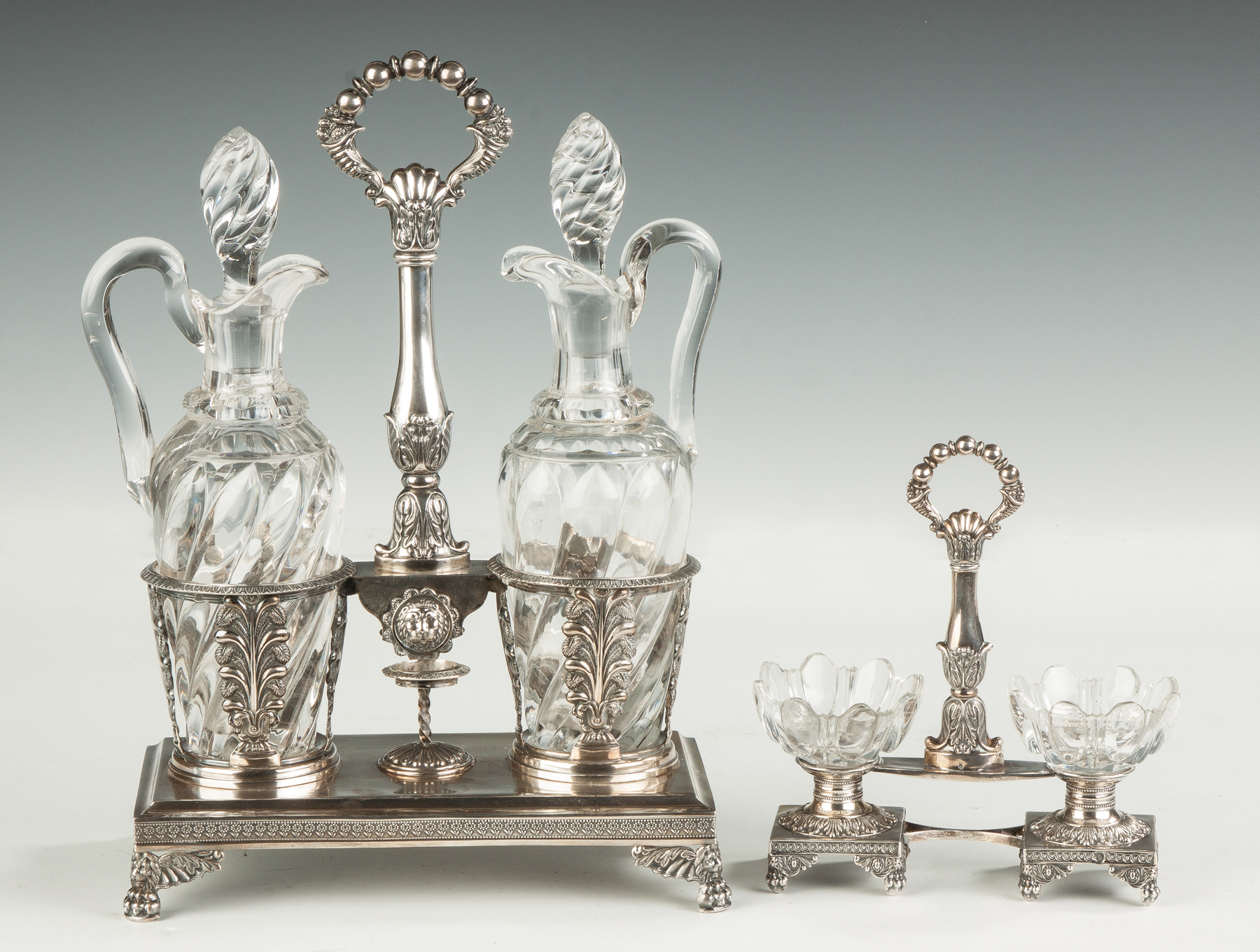 Appraisal: Sterling Silver and Cut Glass Decanter Set Master Salts Cornucopias