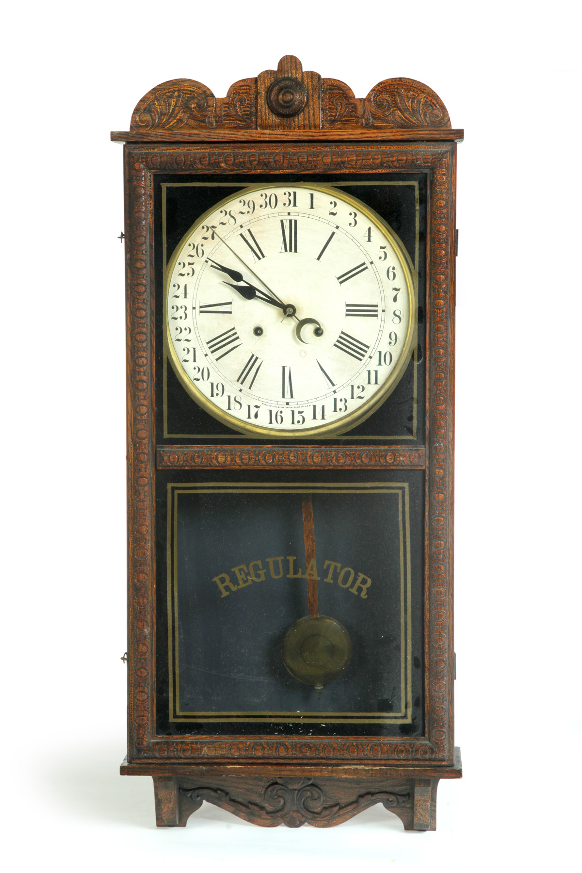 Appraisal: WATERBURY REGULATOR CALENDAR WALL CLOCK American ca Oak case with