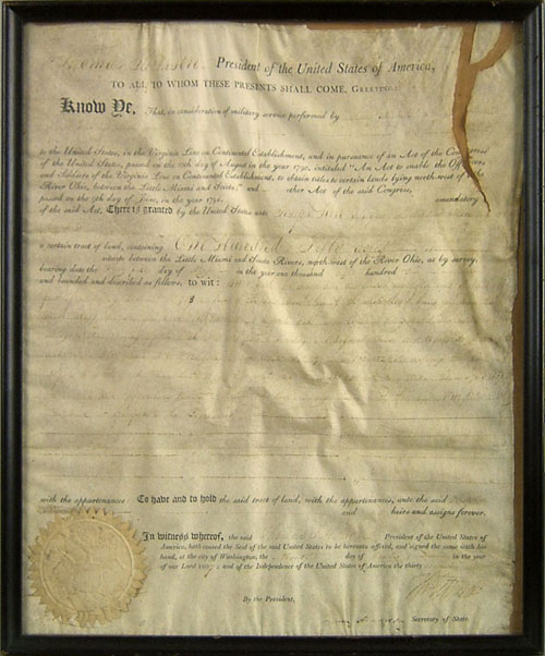 Appraisal: Thomas Jefferson signed land grant dated and countersigned by James