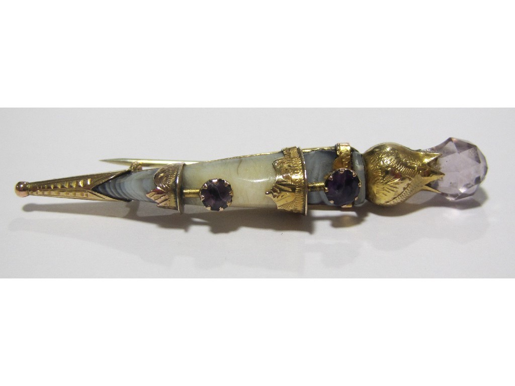 Appraisal: Nine carat gold mounted agate and amethyst set dirk brooch