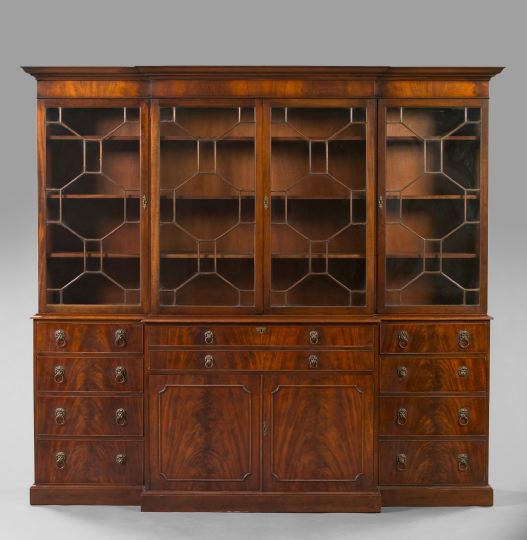 Appraisal: Large Regency-Style Mahogany Breakfront Secretary Bookcase England in two parts