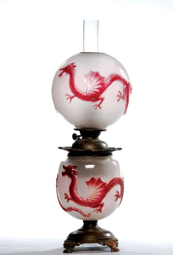 Appraisal: ANTIQUE GONE-WITH-THE-WIND-LAMP Antique American chinoiserie Gone-with-the-Wind lamp with two translucent