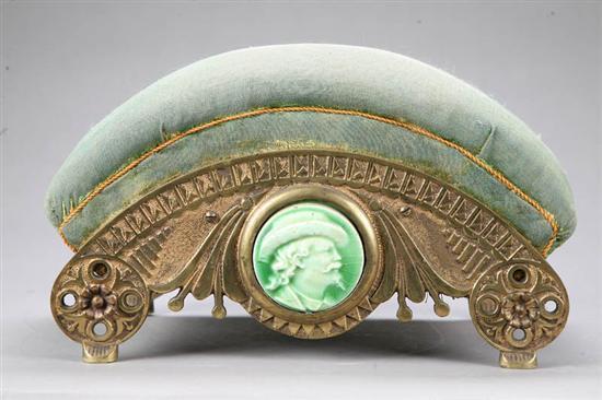 Appraisal: BRASS FOOTSTOOL Small footstool with green porcelein plaques set in