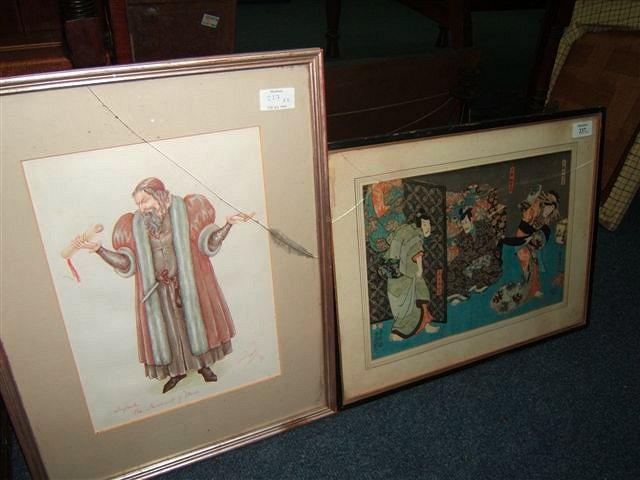 Appraisal: A Japanese watercolour woodblock print - Three figures in an