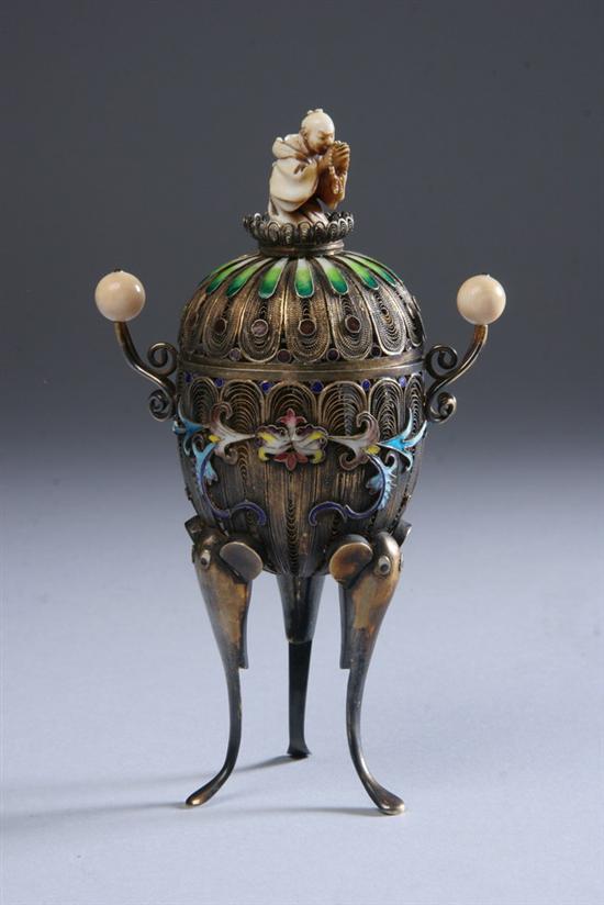 Appraisal: CHINESE FILIGREE SILVER ENAMEL AND IVORY CENSER th century -