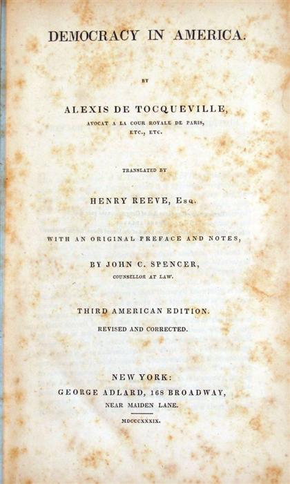 Appraisal: vols Tocqueville Alexis de Democracy in America New York George