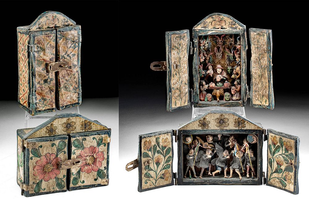 Appraisal: th C Nicario Jimenez Wood Retablos w Andean Scenes Nicario