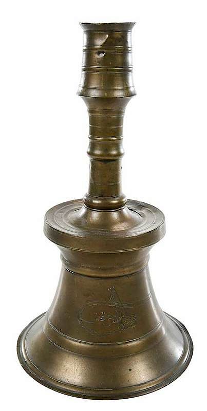 Appraisal: Islamic Signed Single Bronze Candlestick Middle Eastern probably th century