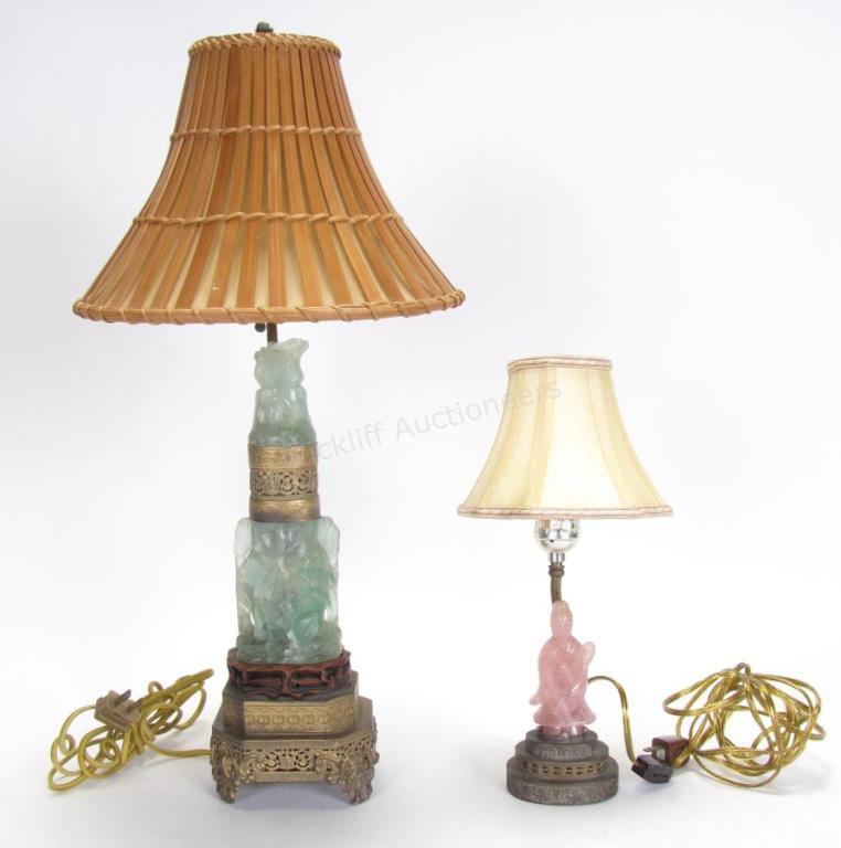 Appraisal: Two Oriental Quartz Figural and Floral Lamps pink quartz with