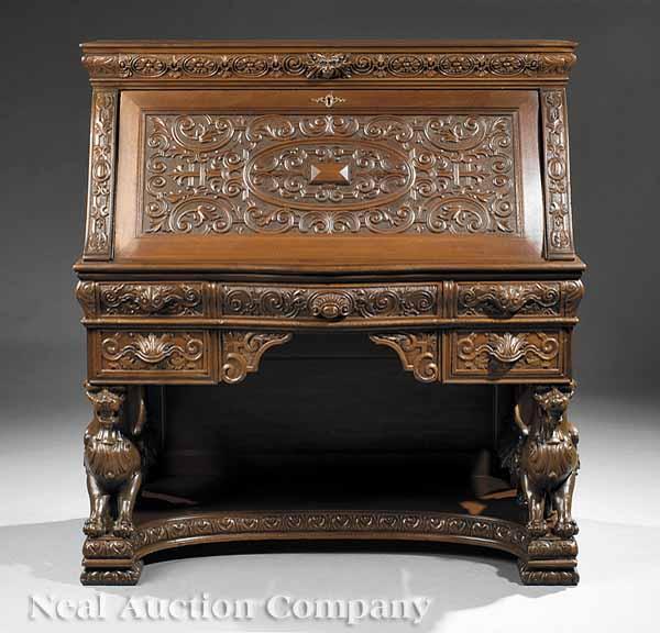 Appraisal: A Renaissance-Style Carved Walnut Desk th c in the manner