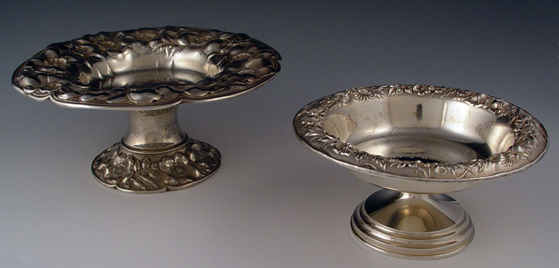 Appraisal: KIRK WHITING REPOUSSE STERLING CANDY DISHES To include Kirk Son