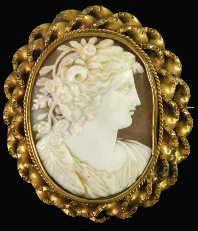 Appraisal: Oval carved cameo brooch in an ornate gold mount mm