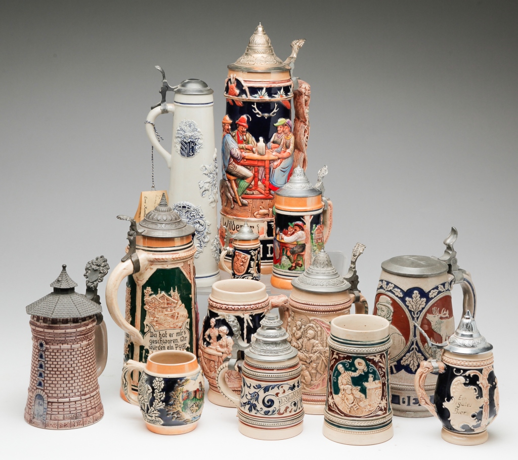 Appraisal: THIRTEEN GERMAN BEER STEINS Nineteenth and th centuries Various sizes