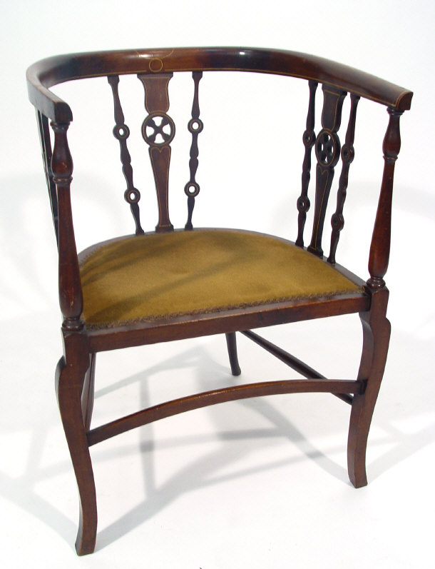 Appraisal: Edwardian inlaid mahogany tub chair with wheel shaped back and